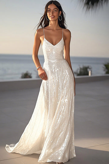 Glitter Ivory A Line Long Holiday Party Dress